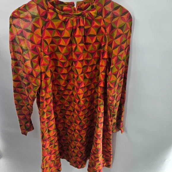 Vintage Jody of California 70s Orange Brown Green Geometric Mini Dress Flaws - Picture 2 of 14